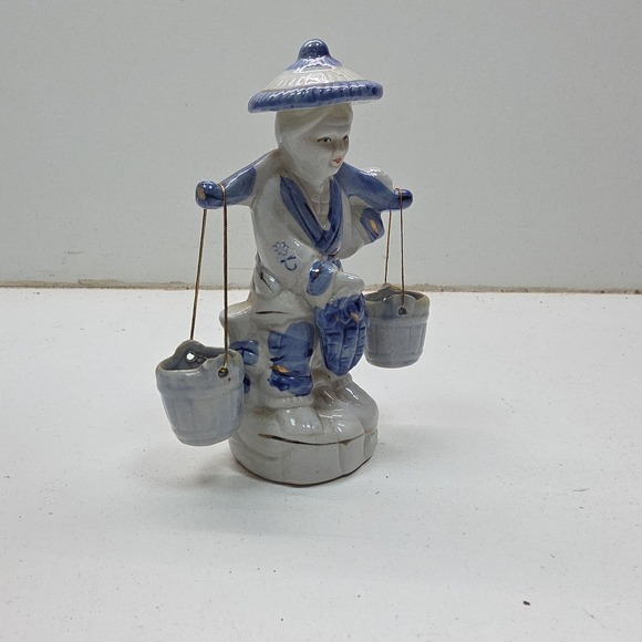 Vintage Chinese Porcelain Blue White Fisherman Figurine Water Buckets and Fish - Picture 7 of 9